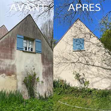 Avant après d'un nettoyage vapeur basse pression sur une façade, effectué par NVE Nettoyage dans l'Oise