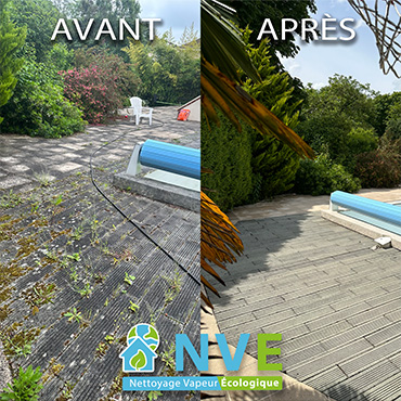 Avant après d'un nettoyage vapeur basse pression d'une terrasse, effectué par NVE Nettoyage dans l'Oise
